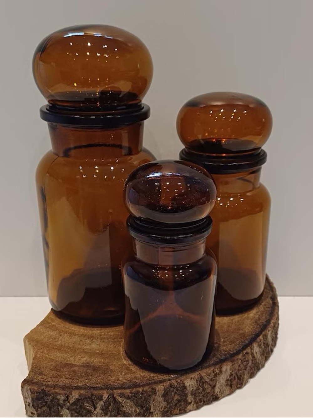 Vintage 1970’s Amber Glass Apothecary Jar Set of 3 - Home Accents